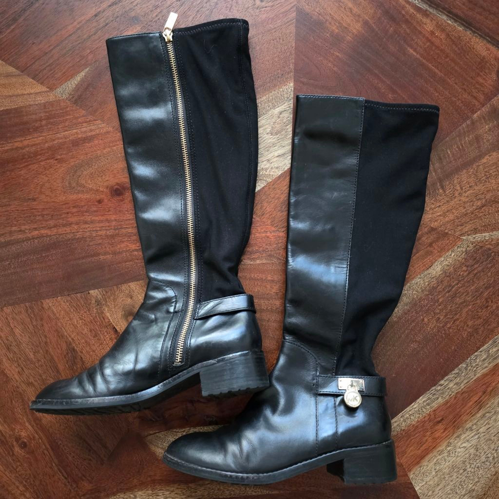 Women's Michael Kors Black Gold Knee-High Heeled Boots US 6